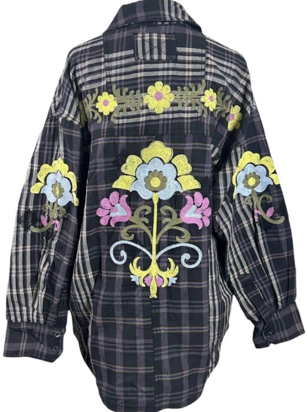Free People XL Bohemian Floral Embroidered Sashiko Shirt Shacket Black 70s